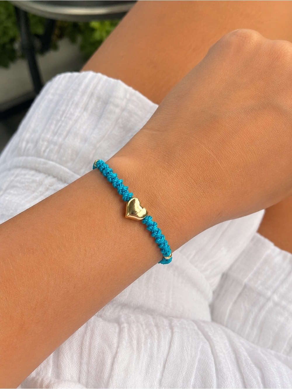 Handmade Turquoise Macrame Stainless Steel Puffed Heart Adjustable Bracelet Boho